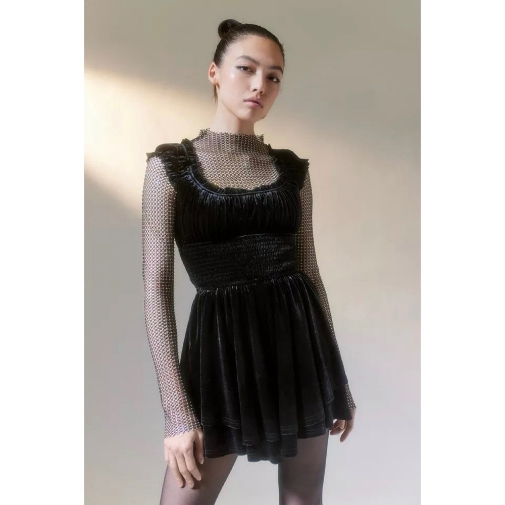 Urban Outfitters Black Velvet Whimsy Goth Smocked Tiered Skirted Romper Small